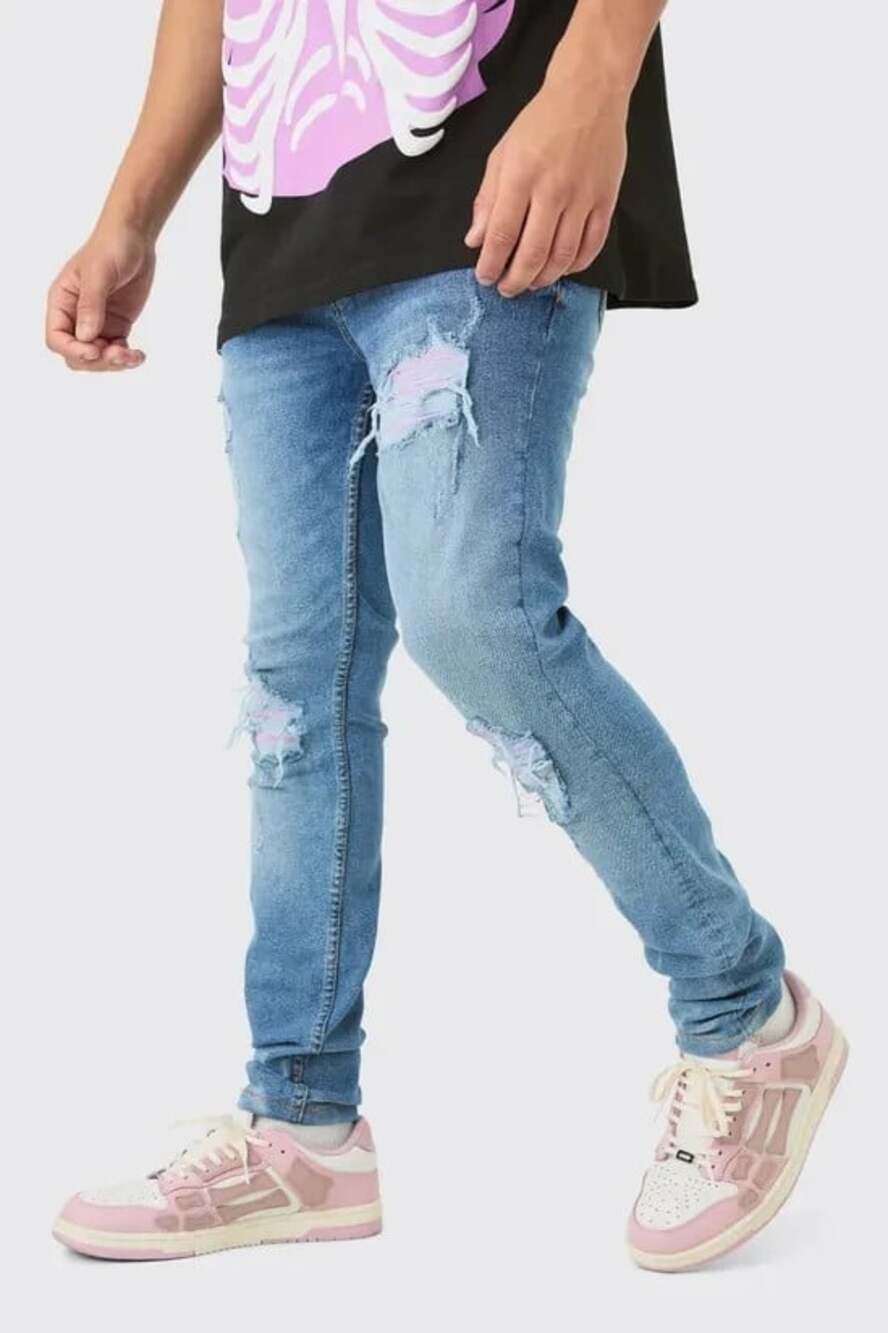 boohooMAN Skinny Stretch Men's Size 32R Lilac PU Biker Rip & Repair Jeans NWT